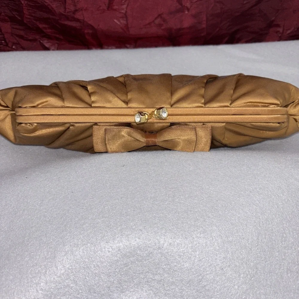 Valerie Stevens Gold Satin Duel Strap Clutch Purse Bow Rhinestone Kiss Lock EUC